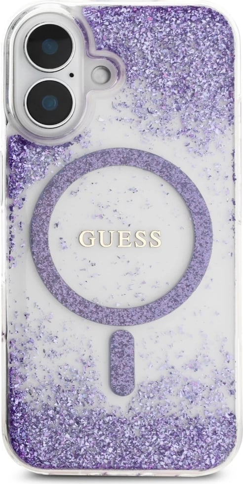 Mbështjellës Guess HC Resin Bottom Glitter MagSafe, për iPhone 16 6.1", hardcase TPU/PC, me MagSafe, vjollcë