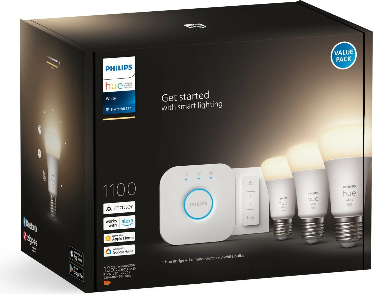Llampa e mençur Philips Hue White Starter kit, 3 E27, Bluetooth/Zigbee, e bardhë Llampa e mençur Philips Hue White Starter kit, 3 E27, Bluetooth/Zigbee, e bardhë