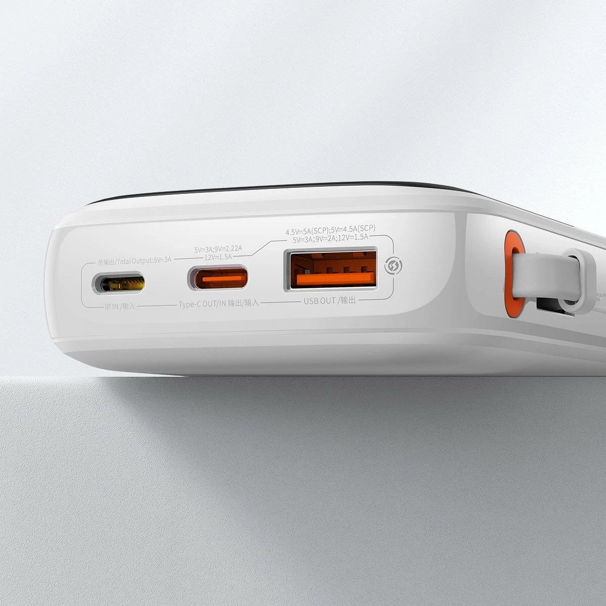 Powerbank Baseus Qpow Digital Display 10000mAh, 22.5W, me kabllo USB-C të integruar, Bardhë
