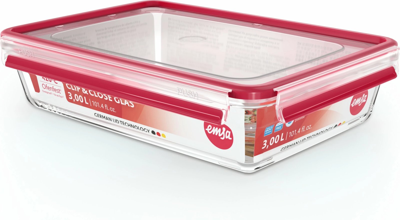 Enë qelqi Emsa Clip & Close N10412, 3L, transparent, kapak i kuq