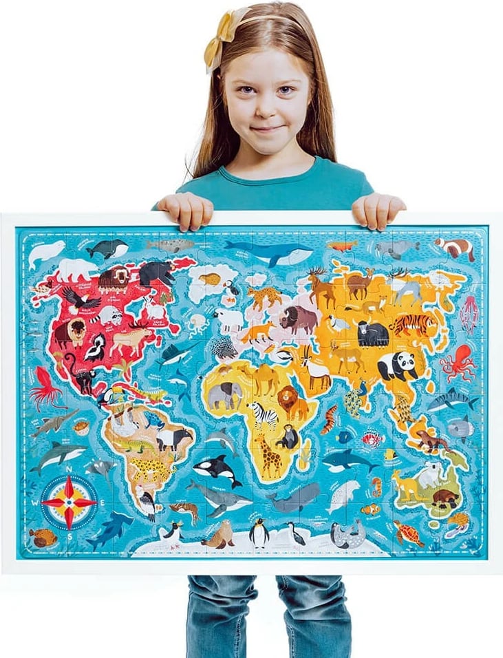 Puzzle edukativ CzuCzu Puzzlove, 60 pjesë, Harta e Botës me Kafshë, për fëmijë