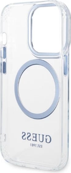 Mbështjellës Guess Metal Outline Magsafe për iPhone 14 Pro Max 6.7", kaltër/transparente