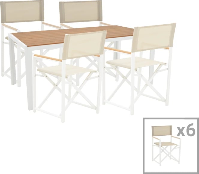 Tavolinë me karrige Mabu-Nares, 7 pjesë, alumin i bardhë dhe dru, 180x90x72.5 cm