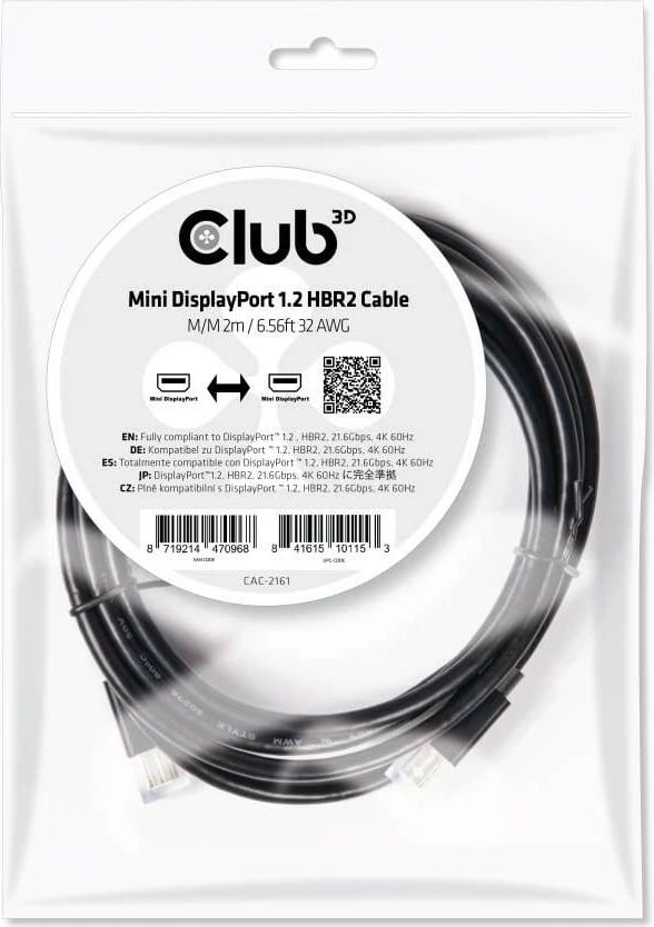 Kabllo Mini DisplayPort Club3D 2m, 4K60Hz, e zezë