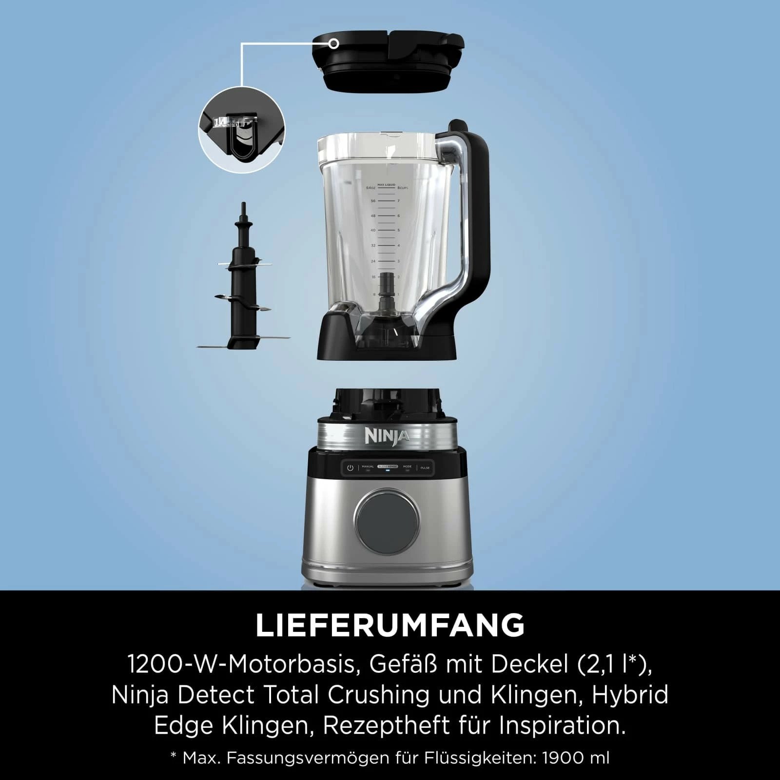 Blender tavoline Ninja Detect Power Mixer Pro, 2.1 L, 1200 W, e zezë, argjendtë