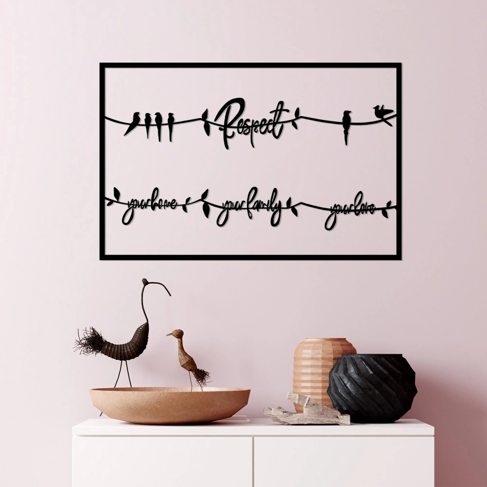 Aksesor dekorativ metalik për mur, Wallity, Respect your home your family your love 2, ngjyrë e zezë, 75x45cm