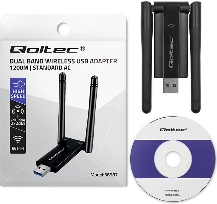 Adapter Wi-Fi USB Qoltec 56987, Dual Band, 1200Mbps, 2 antena, USB 3.0, i zi