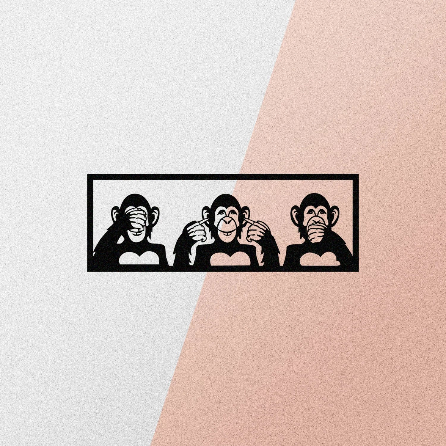 Aksesor dekorativ metalik për mur, tre majmunë, Wallity, i zi, 70x25cm