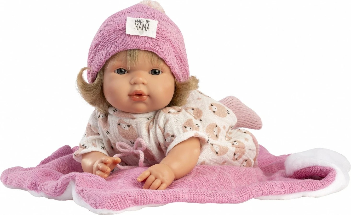 Kukull qarëse, Llorens, Lola 38572, 38 cm, trup pambuku e pjesë vinili, me zë pas heqjes së biberonit, me bateri LR44, set me 4 pjesë + batanije + biberon, rozë