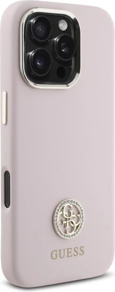 Mbështjellës Guess Silicone Logo Strass 4G për iPhone 16 Pro Max, rozë e çelët