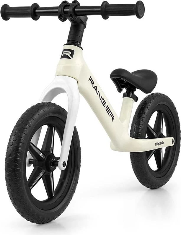 Bicikletë balancuese fëmijësh, Milly Mally Ranger Flash, rrota 12" EVA pa fryrje, kornizë kompozite e lehtë, sedile e rregullueshme, e bardhë