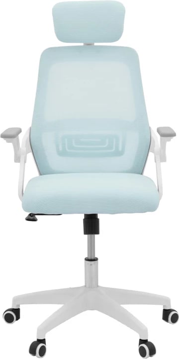 Karrige zyre Peja, material rrjetë, ngjyrë kaltër e çelët, kornizë e bardhë, 58x60x107-117cm