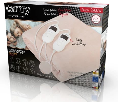 nën-batanije elektrike ngrohëse me timer, Adler Camry CR 7424, dyshe 150x160 cm, 8 nivele ngrohjeje, e larë në 30°C, 2x60W