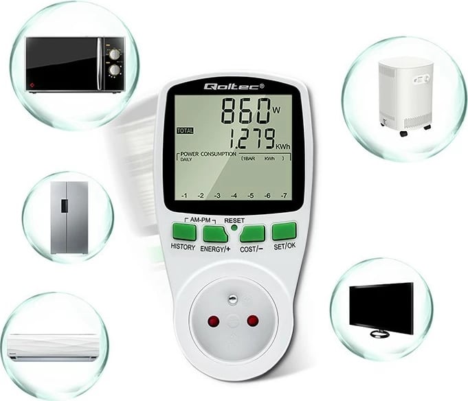 Matës i konsumit të energjisë Qoltec PM0627, 3680W, 16A, LCD, Bardhë