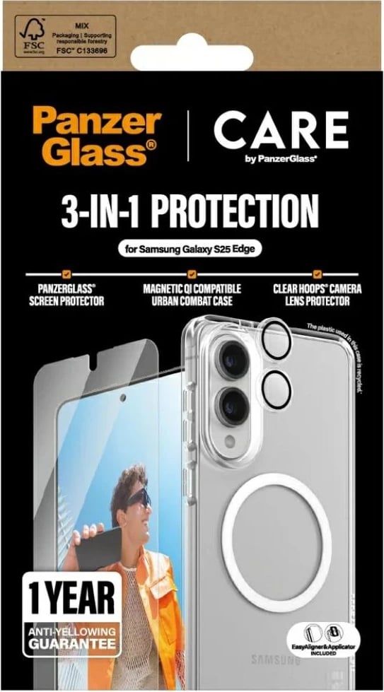 Set mbrojtës 3-në-1 PanzerGlass CARE për Samsung Galaxy S25 Edge, transparent