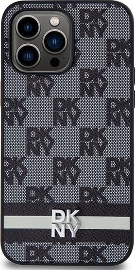 Mbështjellës DKNY Leather Checkered Mono Pattern & Printed Stripes për iPhone 14 Pro Max, i zi