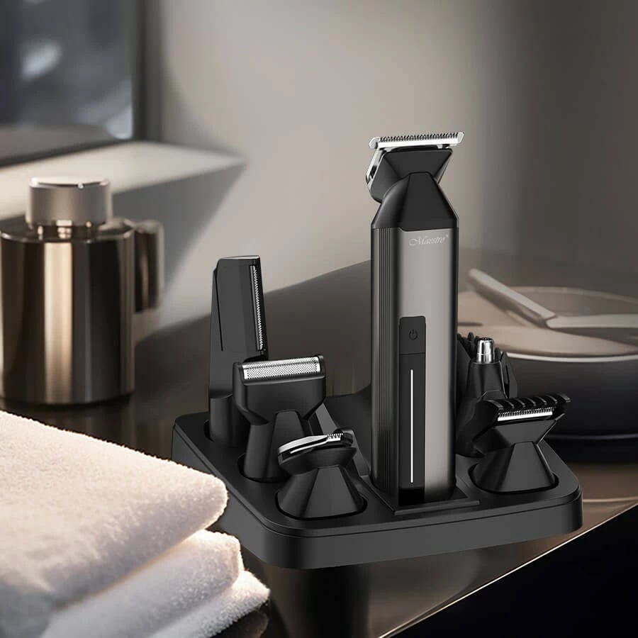 Set trimer për flokë dhe trup, Feel-Maestro MR-660, bateri 150 min, ngarkim USB-C, tehe çelik inoks, përdorim i lagësht/thatë, zi/gri, set 6‑në‑1