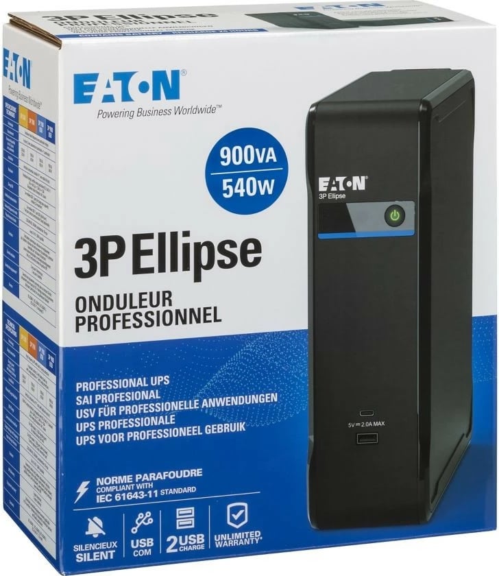 UPS Eaton 3P Ellipse 3P900UD 900VA 540W 4x Schuko C14 USB-A/USB-C Tower, e zezë