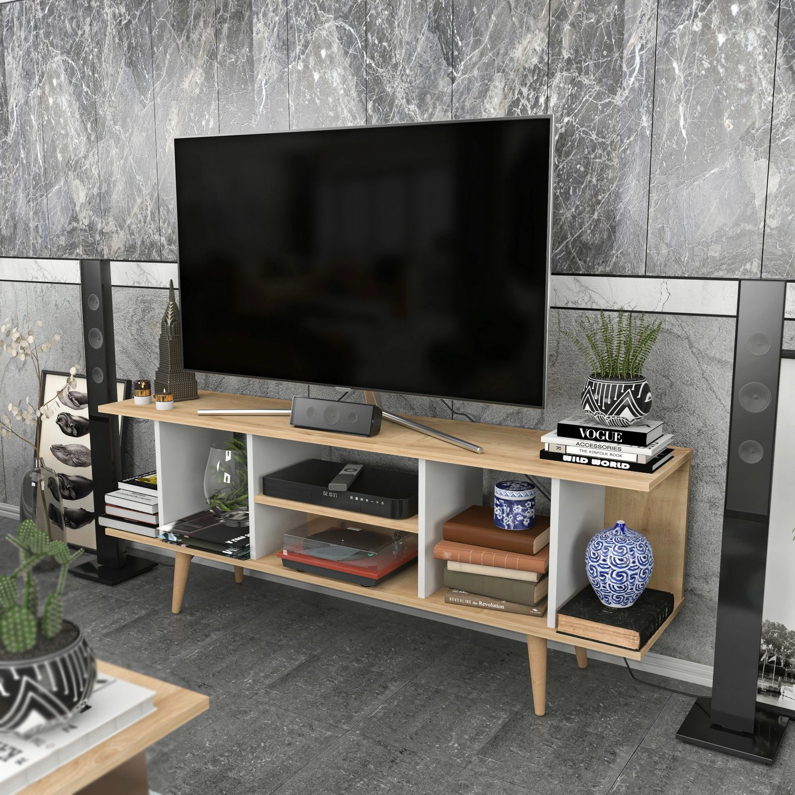 Komodinë TV Skye Decor, ngjyrë safir dhe e bardhë