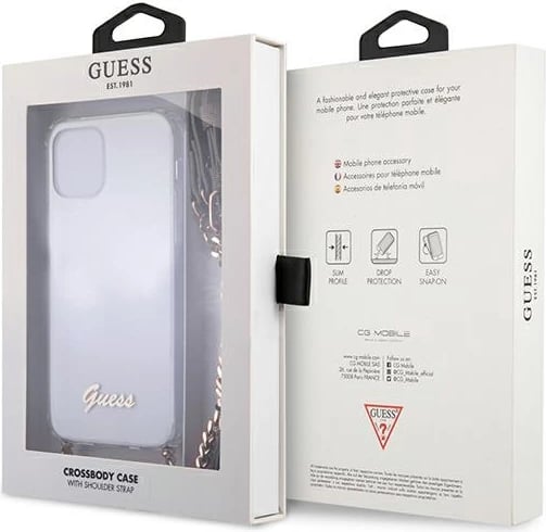 Mbështjellës Guess GUHCP12MKC4GSGO për iPhone 12/12 Pro 6.1", transparent me zinxhir të artë