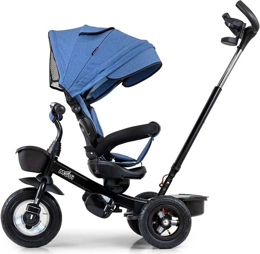 Tricikël me dorezë shtytëse, Milly Mally Movi, sedilje 360°, rrota të fryra, rripa 3‑pikësh, blu