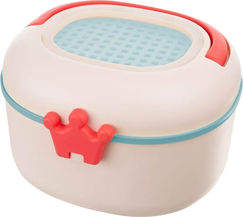 Kuti ruajtëse për lodra gringëlluese dhe kafshues, AKUKU, me dorezë, kapëse në formë kurore, grilë tharëse/sitë, dritare transparente, 20x18x13 cm, e bardhë