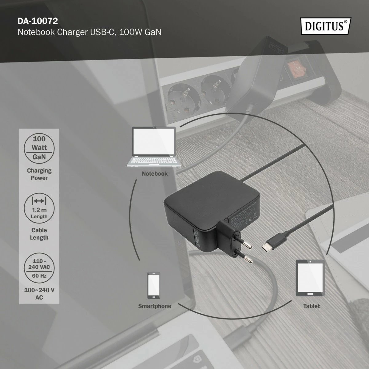 Karikues rrjeti Digitus DA-10072 me USB-C PD 3.0, 100W, GaN, 1.2m, zi