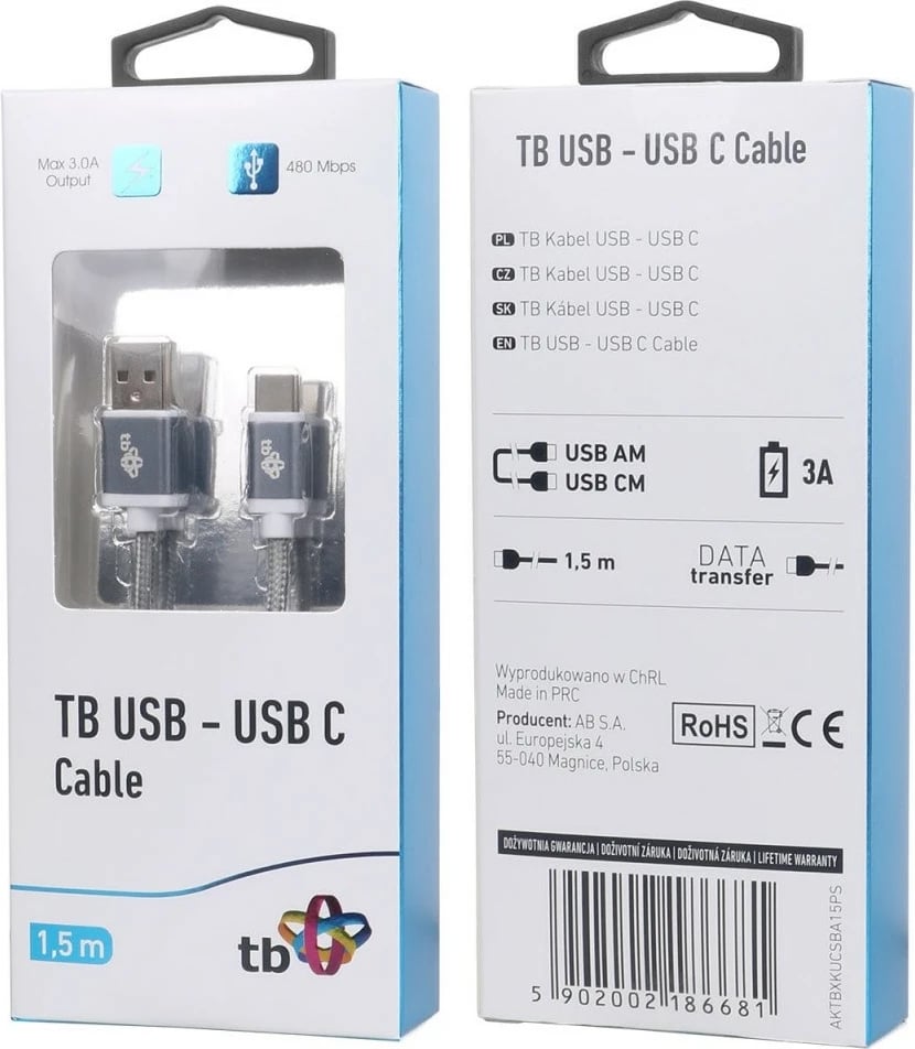 Kabllo USB në USB Type C TB, 1.5m, Gri