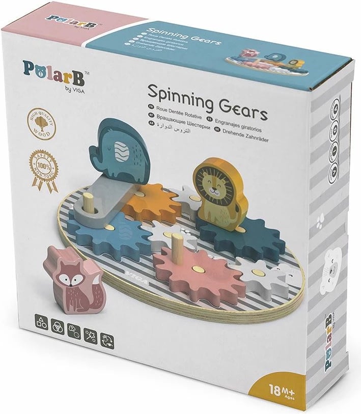Puzël druri, Viga, Gears and Animals, edukativ me 7 ingranazhe dhe 3 figura kafshësh, 18m+, 18x18x7 cm, Multicolor