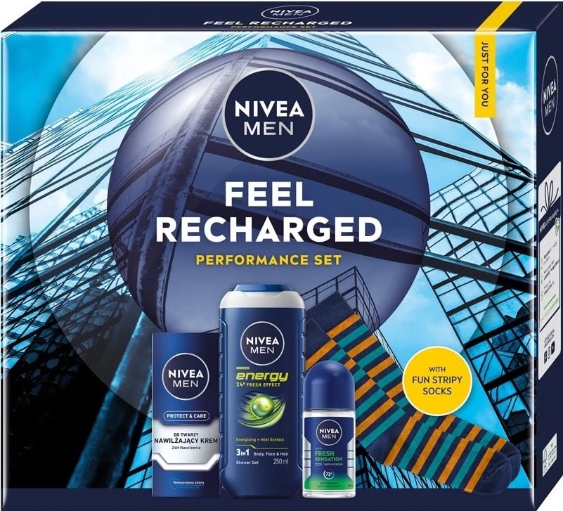 Set kozmetik për meshkuj Nivea Feel Recharged, krem fytyre 75ml + xhel dushi 250ml + deodorant roll-on 50ml