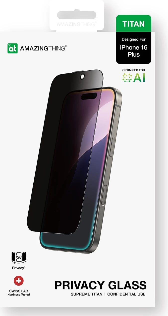 Xham privatësie AmazingThing Titan Privacy Glass për iPhone 16 Plus, i temperuar, i errët