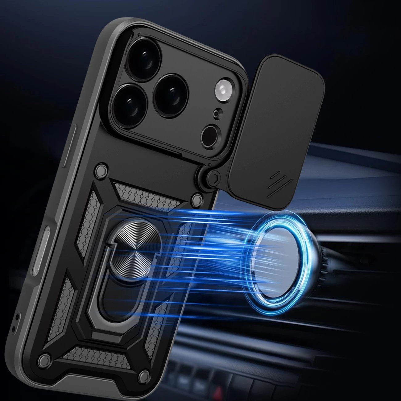 Mbështjellës Hurtel Hybrid Armor Camshield për iPhone 17 Pro, me qëndrim dhe kapak kamere, i zi