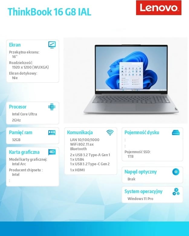 Laptop Lenovo ThinkBook 16 G8 IAL, Intel Core Ultra 7 255H, 32 GB RAM, 1 TB SSD, 16.0", Gri
