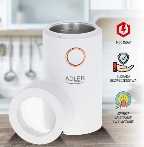 Bluarëse kafeje, Adler, AD 4446, 150 W, 75 g, enë metalike, kapak transparent, bllokim sigurie, e bardhë me ari Bluarëse kafeje, Adler, AD 4446, 150 W, 75 g, enë metalike, kapak transparent, bllokim sigurie, e bardhë me ari