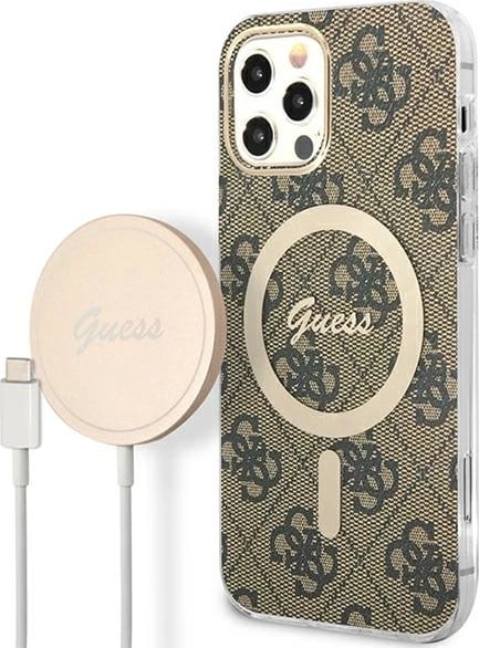 Set mbështjellës Guess GUBPP12MH4EACSW me karikues wireless për iPhone 12/12 Pro, 4G Print, kafe