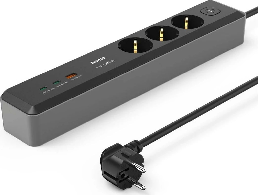 Listë zgjatje Hama, 3 gniazda SCHUKO, 1,4m, 2 USB-C, 1 USB-A, Power Delivery, 100W, gri