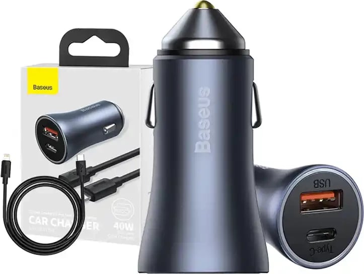 Karikues veture Baseus Golden Contactor Pro, 40W, USB + USB-C, me kabllo USB-C në Lightning 1m, Gri