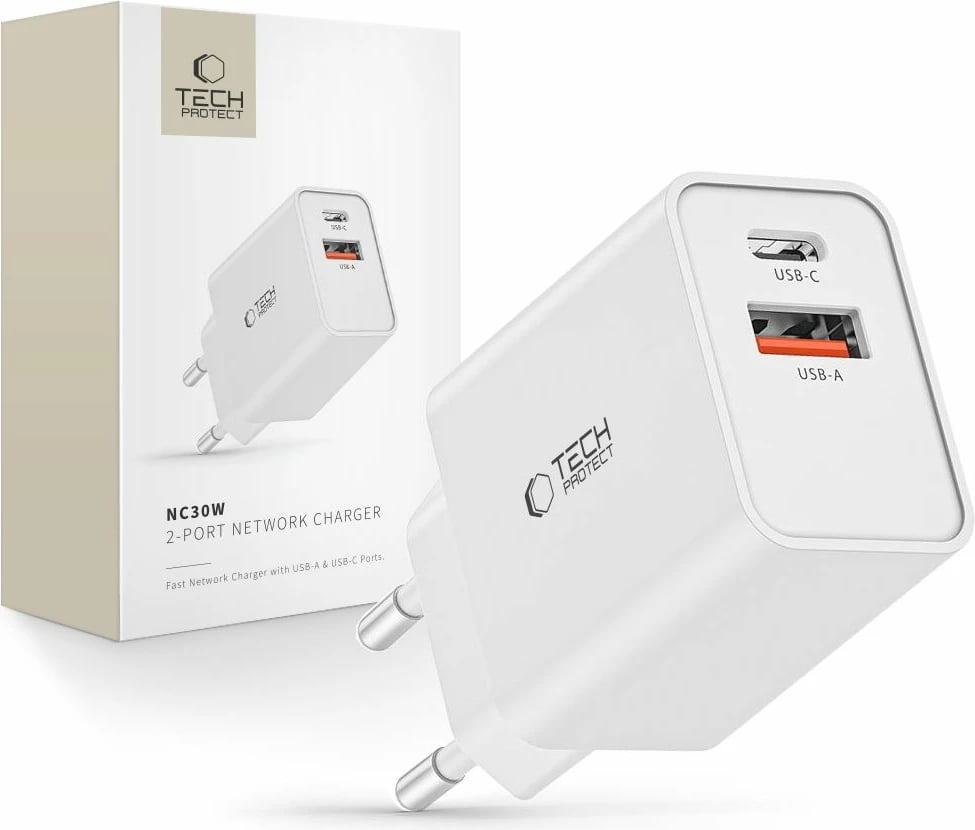 Karikues muri Tech-Protect NC30W, 2 porta, USB-C PD 30W / USB-A QC 3.0, Bardhë