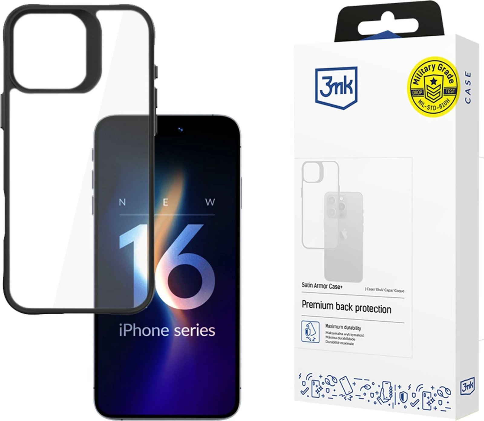 Mbështjellës 3mk Satin Armor Case+ për iPhone 16 Pro, Transparent me kornizë të zezë