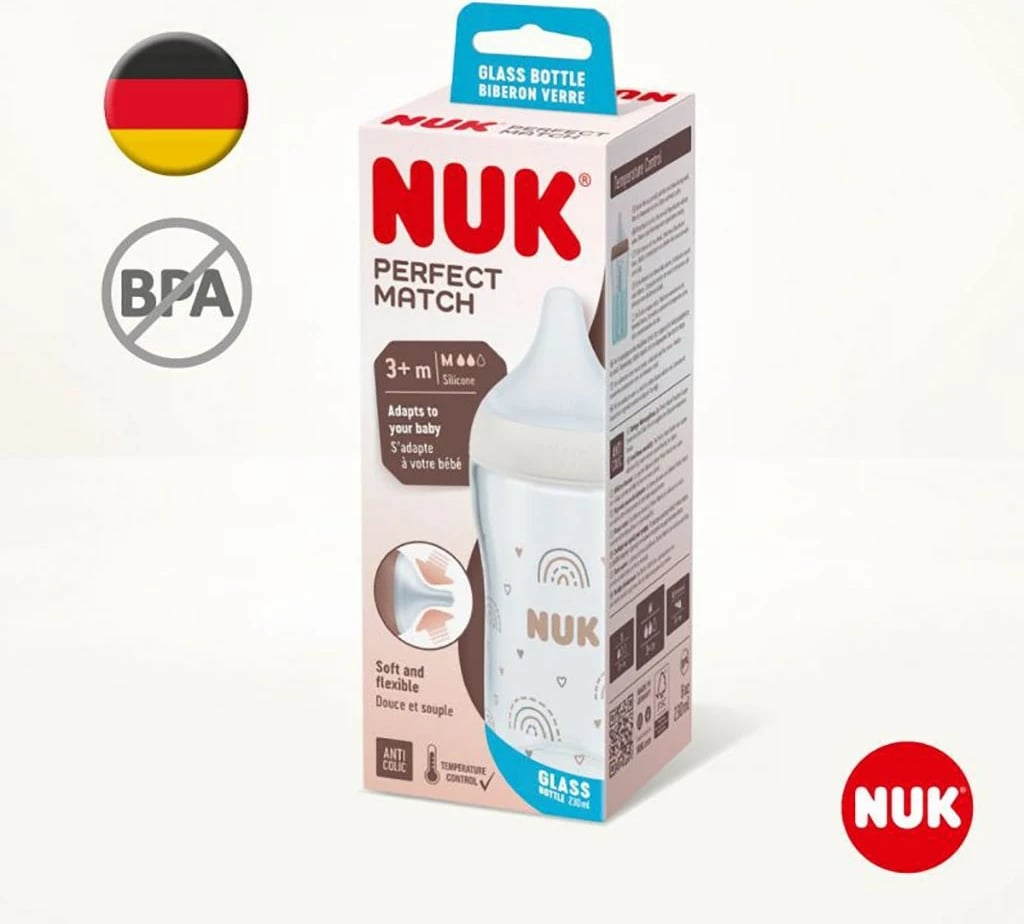 biberon qelqi NUK Perfect Match 230 ml, kontroll temperature, cicë silikoni e butë, sistem antikolik, madhësia M 3m+, bezhë