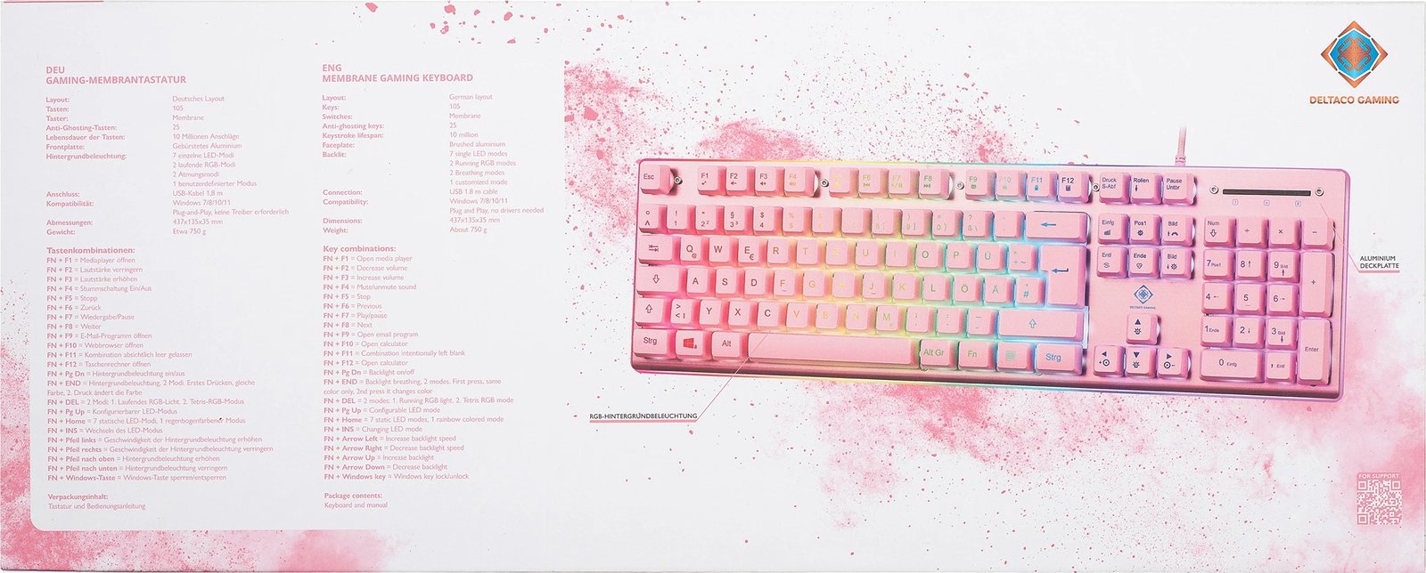 Tastaturë gaming Deltaco Gaming USB, RGB, pink