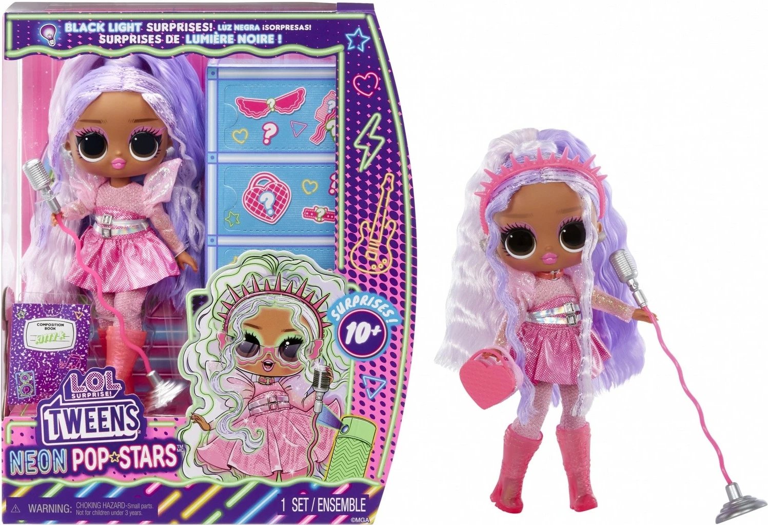 Kukull L.O.L. Surprise Tweens Neon Pop Stars Kitty K me aksesorë, Rozë/Vjollcë
