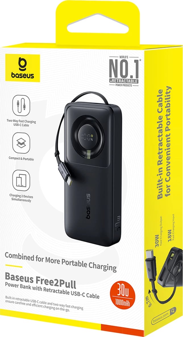 Powerbank Baseus Free2Pull 10000mAh, 30W, me kabllo USB-C tërheqëse, e zezë