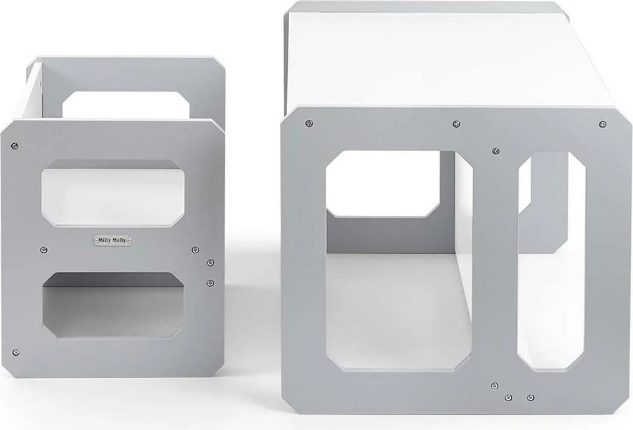 Set mobilje fëmijësh 3‑në‑1, Milly Mally, Stella, modulare MDF, tavolinë + karrige, për moshat 3–6 vjeç, gri, set