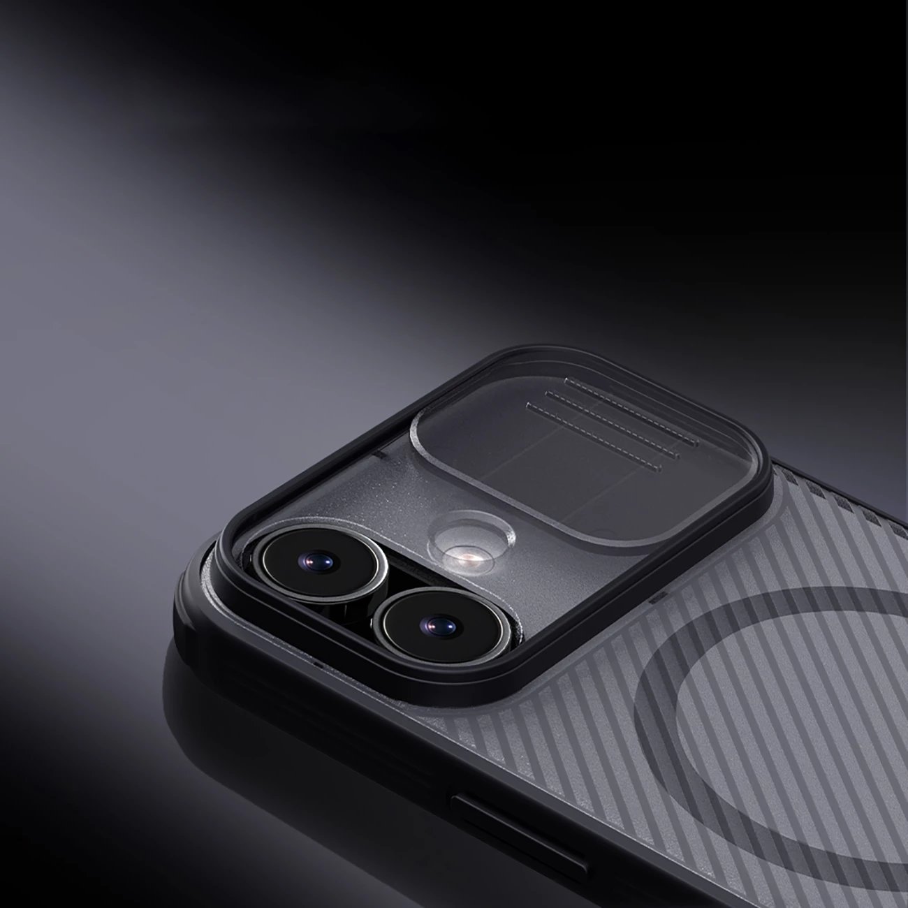 Mbështjellës Nillkin CamShield Pro për iPhone 17, MagSafe kompatibil, PC+TPU, transparent i zi