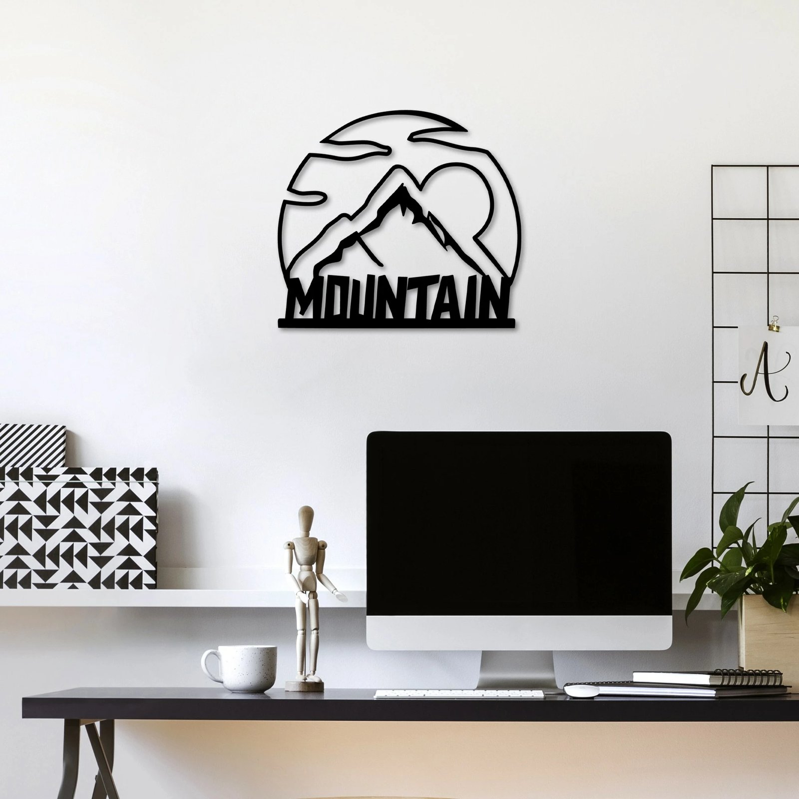 Aksesor dekorativ metalik për mur, motiv mali, Wallity, 58x52cm, i zi