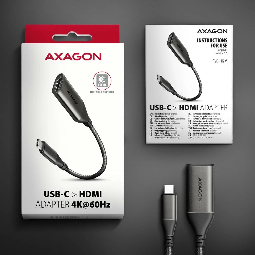 Adapter AXAGON RVC-HI2M USB-C në HDMI 2.0, 25cm, Gri