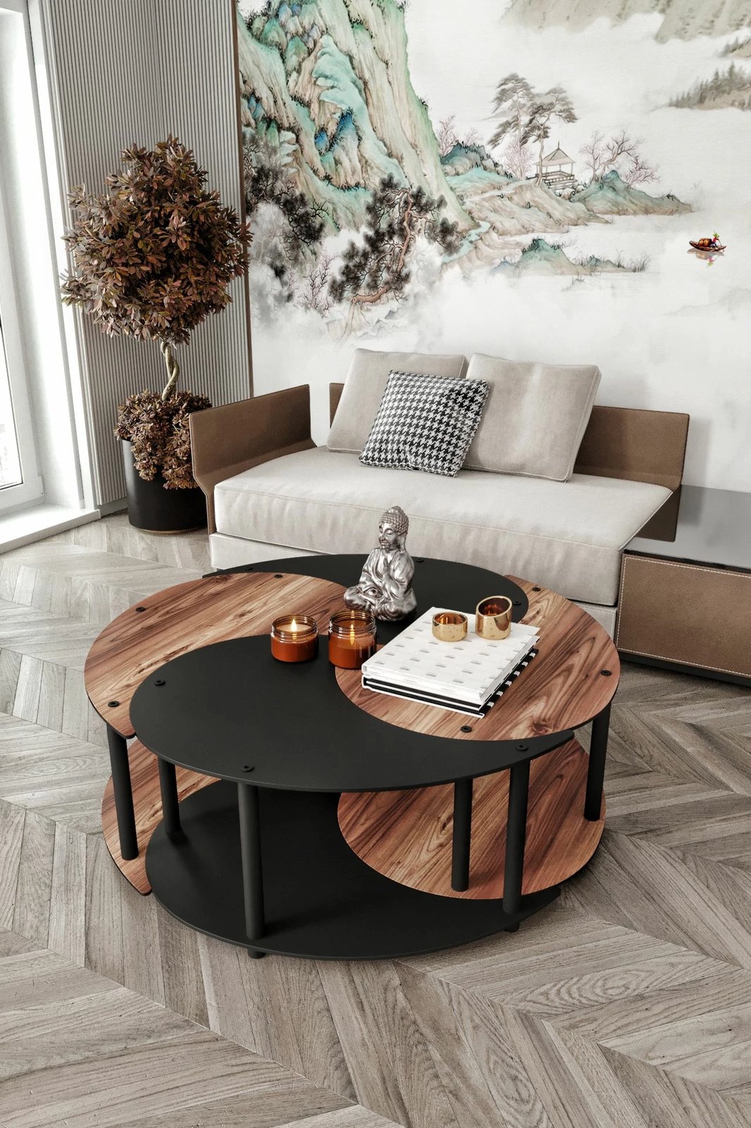 Set tavoline kafeje Skye Decor, Yi Yang4L, 70cm, ngjyrë arre dhe e zezë