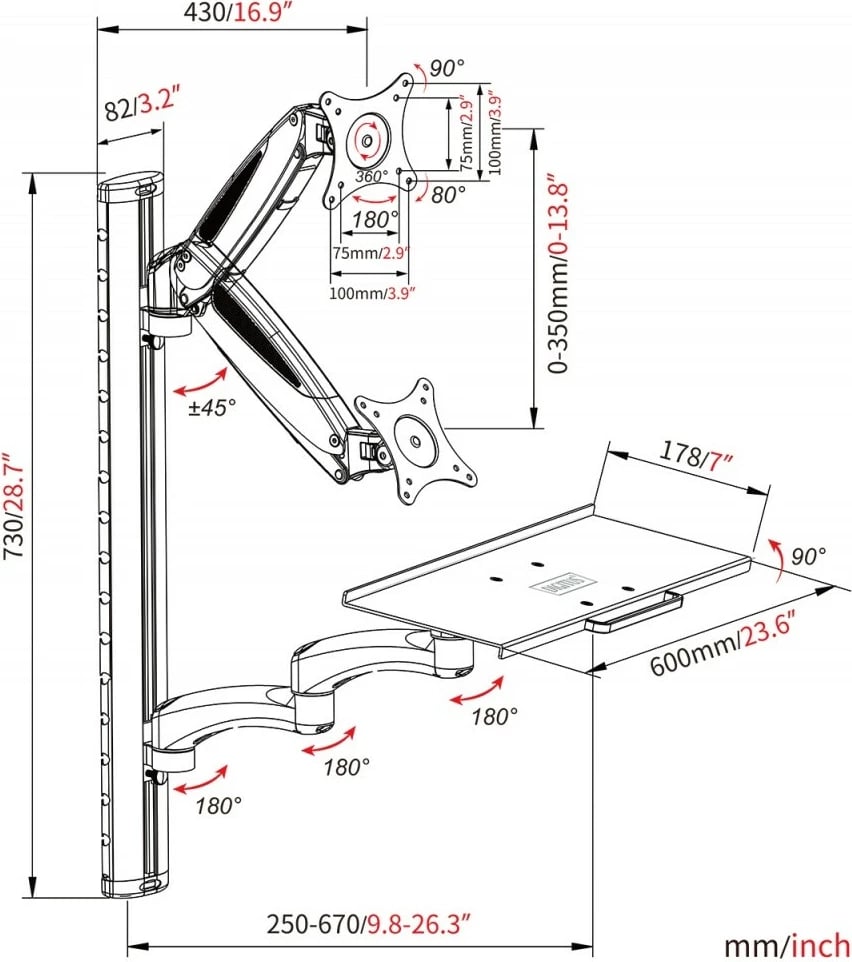 Mbajtëse muri Digitus DA-90451 për monitor 32" dhe tastierë/maus, alumini/çelik, e zezë/e bardhë