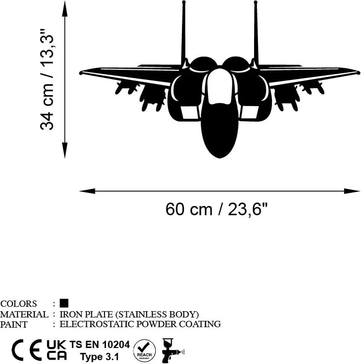 Aksesor dekorativ metalik për mur, Wallity, F-15 EX, ngjyrë e zezë, 60x34cm